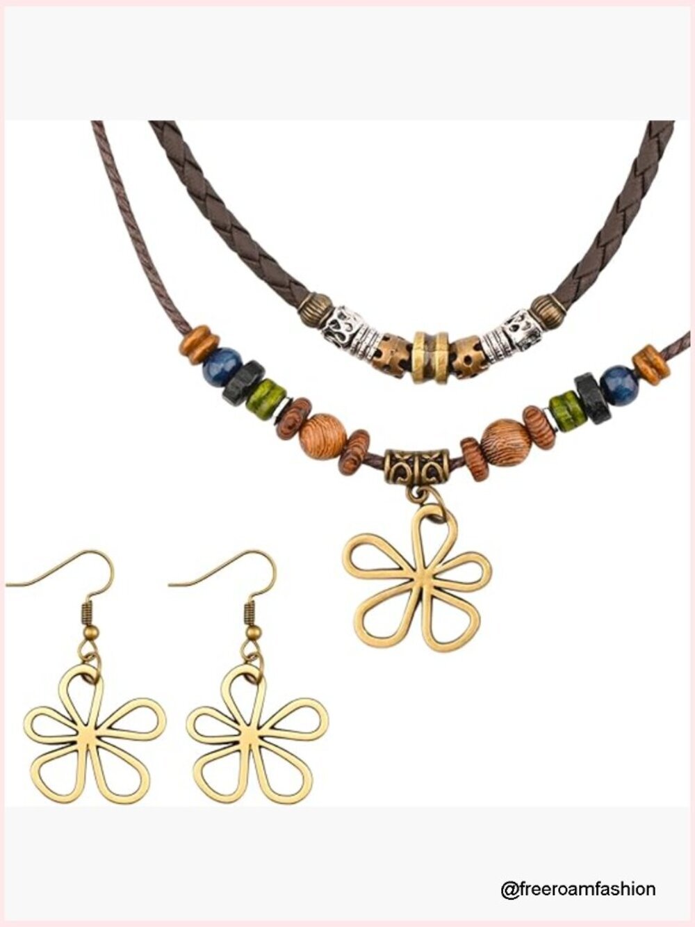 Layered Boho Wood Bead Necklace Earrings Set Adjustable Festival Jewelry